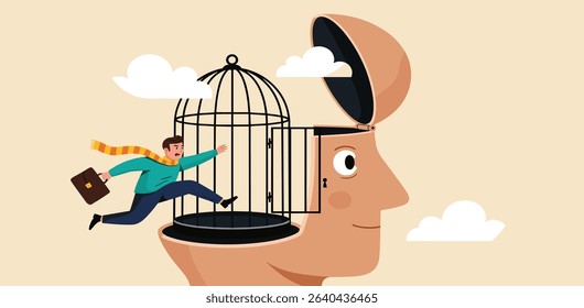 Freedom, break free from prison of thinking, inspiration or think out of the box, psychology or mental therapy, emotional concept, confidence businessman jump out of cage in his head for freedom.