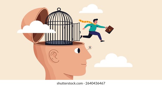Freedom, break free from prison of thinking, inspiration or think out of the box, psychology or mental therapy, emotional concept, confidence businessman jump out of cage in his head for freedom.