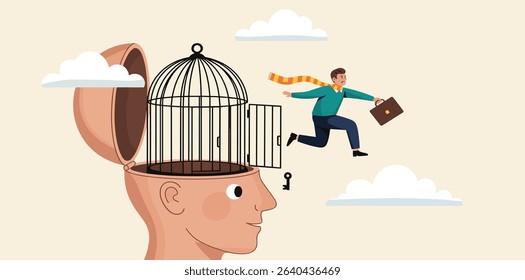 Freedom, break free from prison of thinking, inspiration or think out of the box, psychology or mental therapy, emotional concept, confidence businessman jump out of cage in his head for freedom.