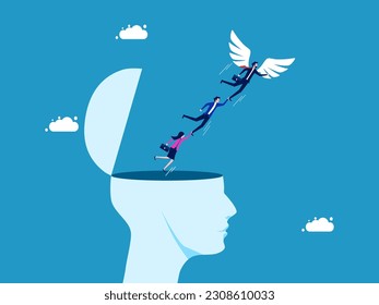 Freedom of business ideas. Businessman team leader with wings flying freely from human head