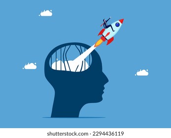 Freedom and Business Leadership. Businessman escapes from brain prison with rocket