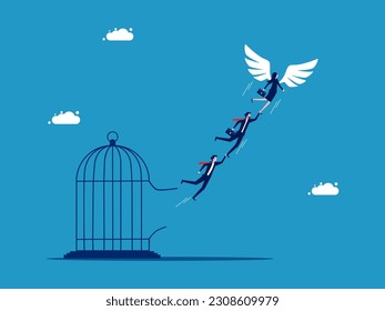 Freedom and business. Business team with wings flying out of cage