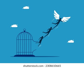 Freedom and business. Business team with wings flying out of cage