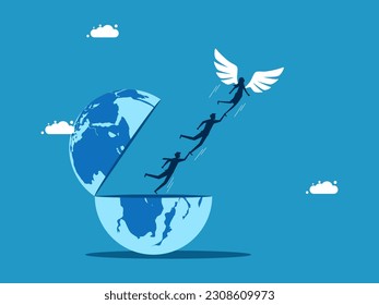 Freedom in the business world. Businessman team leader with wings flying out of the earth