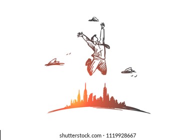 Freedom, businessman, luck, happy, free concept. Hand drawn businessman jumping far from city concept sketch. Isolated vector illustration.