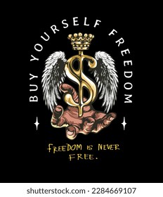 freedom calligraphy slogan with golden dollar sign with angel wings in hand vector illustration on black background