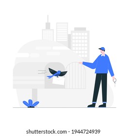 Freedom Communication Concept Communication without borders in cyberspace It is like liberating communication pigeons from captivity. vector illustration flat design