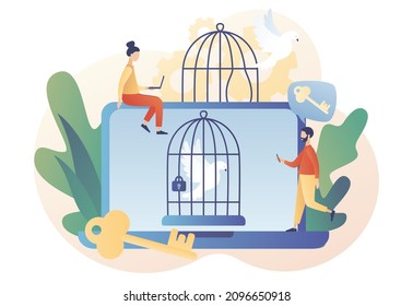 Freedom concept. Bird fly out of cage as step out of inner prison metaphor. Mind prison psychological. Сomfort zone. Personal development. Modern flat cartoon style. Vector illustration