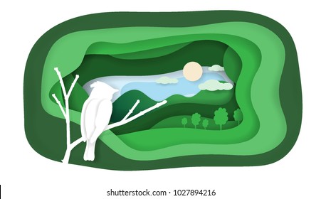 Freedom concept of bird on the tree in forest beautiful nature landscape background. Vector illustration, paper art and craft style