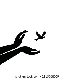 freedom concept, bird set free vector art, the bird flying for freedom from an open hand, the silhouette of a bird released from the hand. hope concept art.