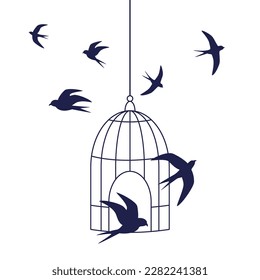 freedom concept with birds fly away from open cage