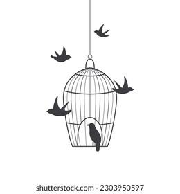 freedom concept with birds fly away from open cage. monochrome vector illustration