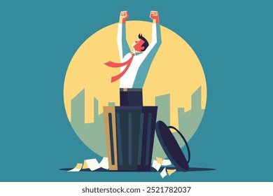 freedom concept. business goal solution. happy success businessman. come out from trash garbage bin. positive vibe victory ,  new year beginning