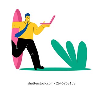 Freedom concept. Business man comes out of the hole. Flat vector illustration isolated on white background
