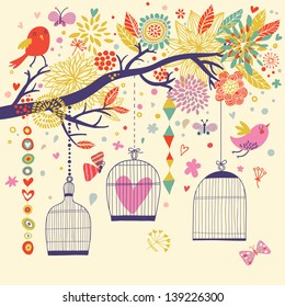 Freedom concept card. Birds out of cages. Romantic floral background in bright colors