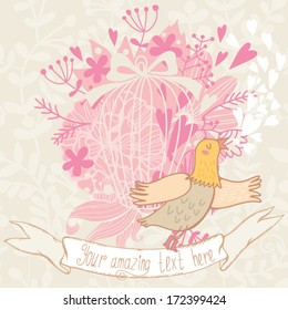 Freedom concept card with cage, flowers, hearts bred and letter. Romantic floral background in bright colors.