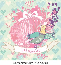 Freedom concept card with cage, flowers, hearts bred and letter. Romantic floral background in bright colors. 