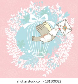 Freedom concept card with cage, flowers, hearts bred and letter. Romantic floral background in bright colors.