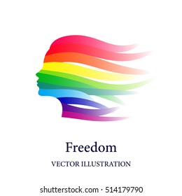 Freedom concept with female face consisted of rainbow ribbons in the wind