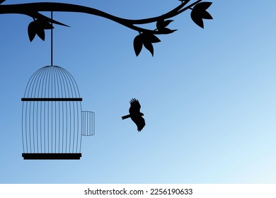 Freedom concept. Flying bird and cage vector. Emotion of freedom and happiness. Minimalist style. Bird set free.