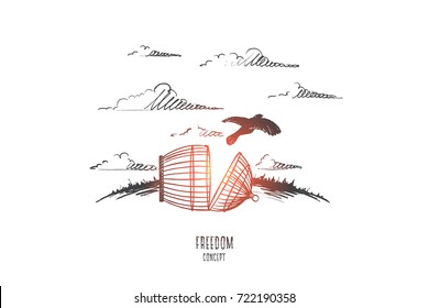 Freedom concept. Hand drawn bird escaping from the prison. Cell broken isolated vector illustration.