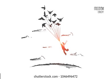 Freedom concept. Hand drawn person flying with birds. Emotion of freedom and happiness isolated vector illustration.