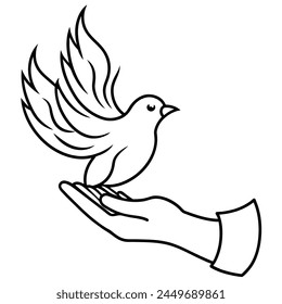 Freedom concept. Hand drawn pigeon flying out of two hands. Freedom of life, free bird enjoying nature isolated vector illustration