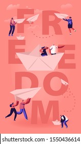 Freedom Concept. Happy People Throwing Paper Airplanes and Floating on Paper Ship. Tiny Male and Female Characters Enjoying Life Traveling Poster Banner Flyer Brochure. Flat Vector Illustration