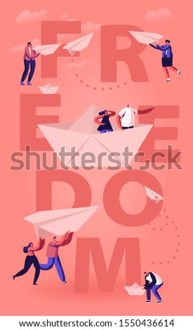 Freedom Concept. Happy People Throwing Paper Airplanes and Floating on Paper Ship. Tiny Male and Female Characters Enjoying Life Traveling Poster Banner Flyer Brochure. Flat Vector Illustration