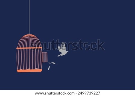 Freedom concept illustration vector. A bird that escapes from its cage. Breaking free from captivity. Bird breaking out of cage to gain freedom.