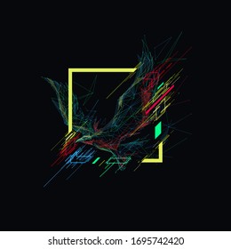 Freedom concept. Isolated low poly colorful bird flies out of an abstract neon yellow red blue frame with glitch effect on black background. Polygonal raven in flight. Vector illustration for t-shirt.