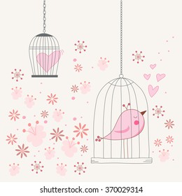 Freedom concept of love in a cage. Bird singing about love in a locked cage. Romantic floral background. Vector illustration