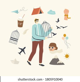Freedom Concept. Male Character Hold Open Metal Cage with Swallows Flying Out Leaving Imprisonment. Overcome Lockdown Limitations, Cell Escape, Emancipation New Opportunity. Linear Vector Illustration
