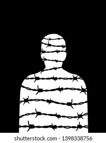 Freedom Concept. Man Silhouette With Barbed Wire. Vector Prisoner