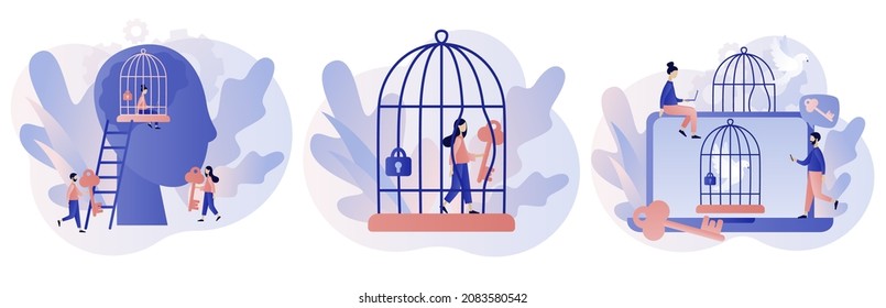 Freedom concept. Mind prison psychological. Inner prison. Tiny people step out of cage. Сomfort zone metaphor. Personal development. Modern flat cartoon style. Vector illustration on white background