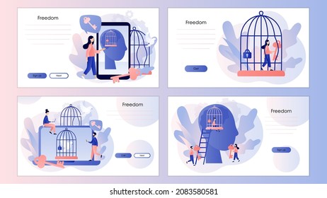 Concepto de libertad. Cuidado con la prisión psicológica. Prisión interior. Pequeñas personas salen de la jaula. С zona de confort. Plantilla de pantalla para página de inicio, plantilla, ui, web, aplicación móvil, afiche, banner, volante. Vector 