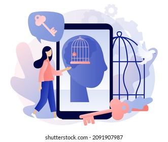 Freedom concept. Mind prison psychological. Inner prison. Cage metaphor. Tiny woman step out of comfort zone. Personal development. Modern flat cartoon style. Vector illustration on white background