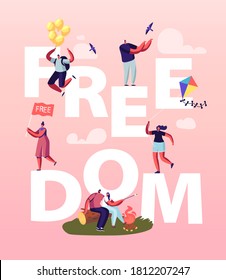 Freedom Concept. People Characters Characters Escape Home, Run with Kite, Traveling and Flying with Air Balloons after Covid Isolation Lockdown Poster Banner Flyer. Cartoon People Vector Illustration