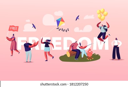 Freedom Concept. People Characters Characters Escape Home, Run with Kite, Traveling and Flying with Air Balloons after Covid Isolation Lockdown Poster Banner Flyer. Cartoon People Vector Illustration