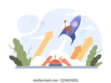 Freedom concept. Person flying free on a rocket, without chains and barbed wire. Path to the future, the ability to act or change without constraint. Flat vector illustration