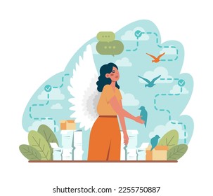 Freedom concept. Person flying free out of cage, without chains and barbed wire. Path to the light, the ability to act or change without constraint. Flat vector illustration