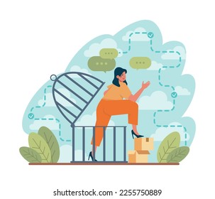 Freedom concept. Person flying free out of cage, without chains and barbed wire. Path to the light, the ability to act or change without constraint. Flat vector illustration