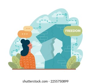 Freedom concept. Person flying free out of cage, without chains and barbed wire. Path to the light, the ability to act or change without constraint. Flat vector illustration