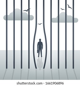 Freedom concept. The prisoner left the prison. Bending metal bars. Break free. Silhouette of a man, cloudy sky and birds on the background as a symbol of liberation. Vector illustration flat design.