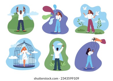 Freedom concept scenes. People released from cell. Man breaks shackles. Woman cuts marionette bonds. Free of speech. Trapped girl leaves cage. Guy looks through keyhole