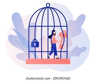 Freedom concept. Tiny woman step out of cage. Сomfort zone metaphor. Inner prison. Personal development. Mind prison psychological. Modern flat cartoon style. Vector illustration on white background