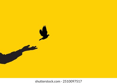 Freedom Concept Vector Art. A bird gracefully flying from an open hand, symbolizing liberation, hope, and the spirit of freedom.