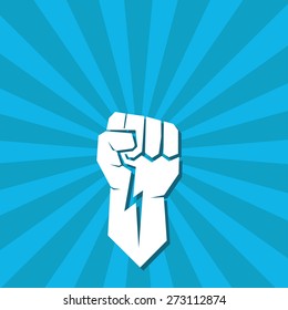 freedom concept. vector fist icon on blue rays baclground