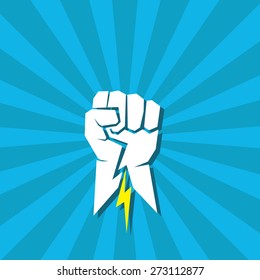 freedom concept. vector fist icon on blue rays baclground
