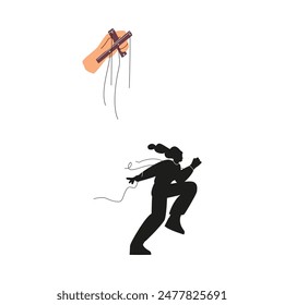 Freedom concept. Vector illustration of a female silhouette, black, breaking free from the ropes of the puppeteer, symbolizing liberation from manipulation on an isolated background.